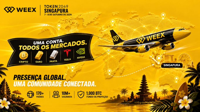 A WEEX promotional banner for Token2049 Singapore event (October 7-8, 2026), featuring a yellow and black airplane design with text promoting crypto, gold, silver, Tesla, and Nvidia markets across 170+ countries.