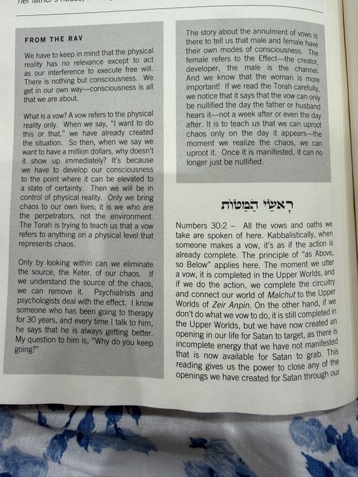 The image shows a page from a book featuring a section titled "FROM THE RAV," which discusses how vows in the Torah represent physical reality and are tied to consciousness. The accompanying post jokes that this text is "literally coded in the Torah," humorously linking the spiritual discussion of vows and consciousness to the $ANSEM meme coin.