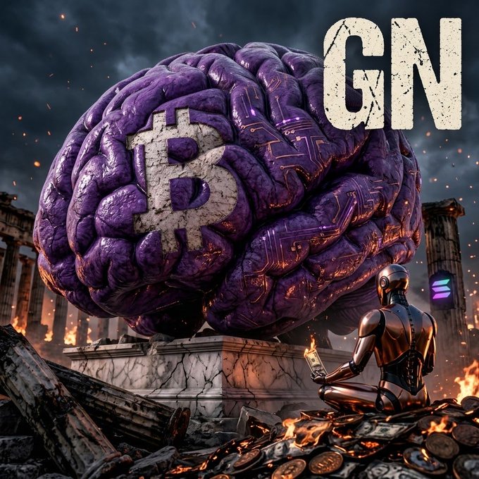 A stylized, dramatic digital artwork showing a metallic humanoid figure sitting on ruins before a giant glowing brain with a Bitcoin symbol embedded in it, with the letters 'CWN' in the upper right corner.