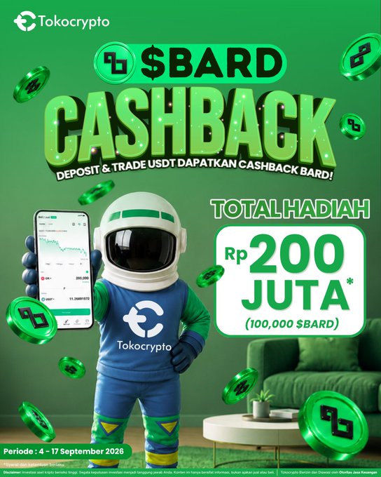 A Tokocrypto promotional poster featuring an astronaut mascot advertising a "$BARD Cashback" campaign, offering Rp 200 Juta (100,000 $BARD) in total rewards for depositing and trading USDT between September 4-17, 2026, with green $BARD coin graphics surrounding the scene.