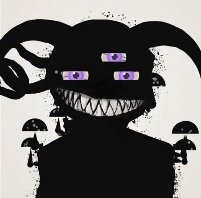 A creepy black silhouette illustration of a multi-eyed monster with sharp jagged teeth, purple eyes, and abstract ink splatter effects on a light background.