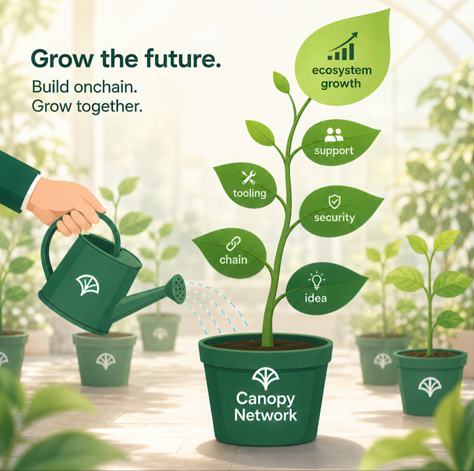 The image features a green pot with several plants growing inside of it. The pot has a label that reads "Canopy Network" and "CNPYNetwork", indicating its association with the Canopy Network Project, which aims to create a Web3 ecosystem. The poster also includes text about the importance of building ecosystems together and how they can grow together.