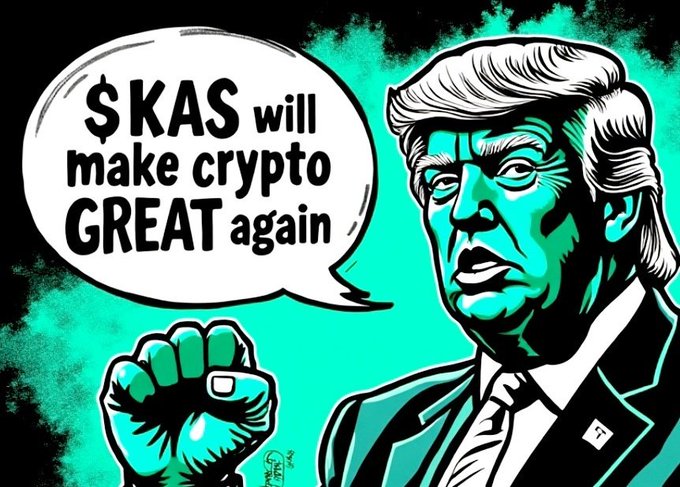 A stylized illustration shows a fist-raised figure resembling Donald Trump saying **"$KAS will make crypto GREAT again"**, mirroring his famous political slogan to rally support for the Kaspa ($KAS) token. The post ties this imagery to bullish expectations for $KAS in Q4, citing crypto clarity legislation in Russia and Japan while urging Trump to pass a U.S. version to boost the market.