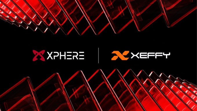 A promotional graphic with red metallic geometric shapes displaying the logos 'XPHERE' and 'XEFFY' on a black background.