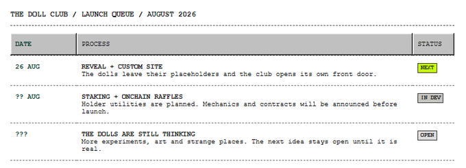 A launch schedule table titled 'THE DOLL CLUB / LAUNCH QUEUE / AUGUST 2026' listing dates, processes, and statuses including 'NEXT', 'IN DEV', and 'OPEN'.