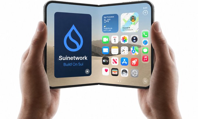 A pair of hands holding a foldable smartphone displaying a home screen with a 'Suinetwork - Build On Sui' widget, weather showing San Francisco 54°, and standard app icons.