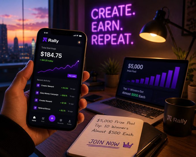 The image shows a person holding up their phone displaying a note or a piece of paper with information about joining a cryptocurrency exchange, specifically Rally On Chain. The text on the note reads "join now" and "focus on what is in the image". This message seems to be promoting the idea that people should pay attention to the content they create or share, as it can potentially lead to financial gains through cryptocurrency exchanges like Rally On Chain.
