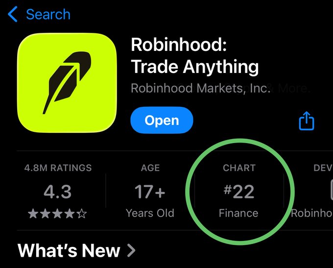 The image shows the Robinhood app page in the App Store, with a green circle highlighting its Finance chart ranking of #22. This relates to the post suggesting investors "sell everything" when a key ranking number drops below 5, implying the app's current #22 finance chart position could signal a peak in retail trading interest.