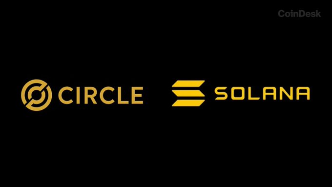 A graphic on a black background showing the Circle and Solana logos side by side, with a CoinDesk watermark in the top right.