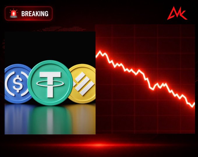 A "BREAKING" news-style graphic with a red siren light, showing USDC, Tether, and Solana cryptocurrency logos next to a steeply declining red line graph on a dark grid.