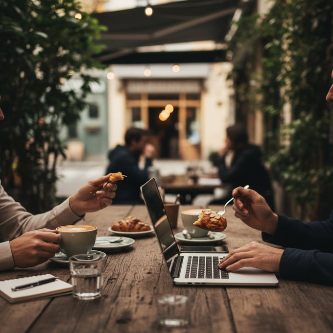Two people sharing a meal at an outdoor café with a laptop between them, holding cups of coffee and pastries (croissants), in a warm-lit setting with greenery and other diners blurred in the background.
