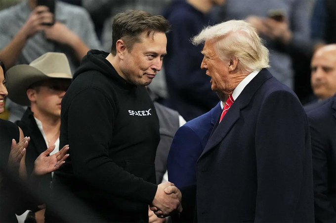 Elon Musk, wearing a black "SPACEX" hoodie, shakes hands with Donald Trump, who is dressed in a dark suit and red tie, illustrating the close political alliance and public endorsement between the Tesla/SpaceX CEO and the former president that the post references.