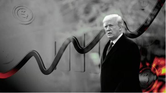 A stylized image of Donald Trump in a dark suit standing in front of a gray background with a wavy line chart, a glowing orange line graph rising on the right, and floating coin graphics.