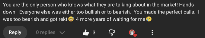 A YouTube comment praises a creator for making the "perfect calls" while the commenter admits being "too bearish and got rekt," lamenting "4 more years of waiting for me," with 3 likes on the reply.