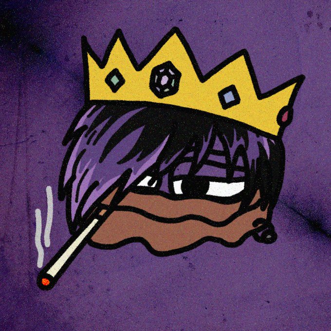 A cartoonish character with shaggy purple hair and a black mask smokes a cigarette while wearing a yellow crown adorned with jewels, set against a purple background.