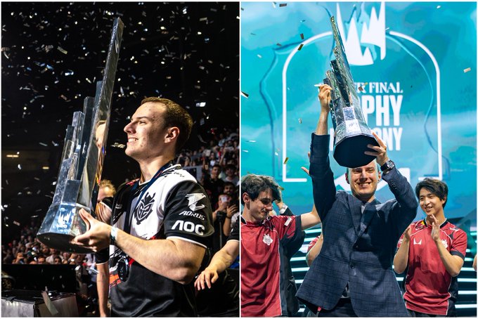 A split image showing an esports player in a black jersey holding up a large trophy on the left, and a man in a suit lifting the same trophy while surrounded by teammates on the right.