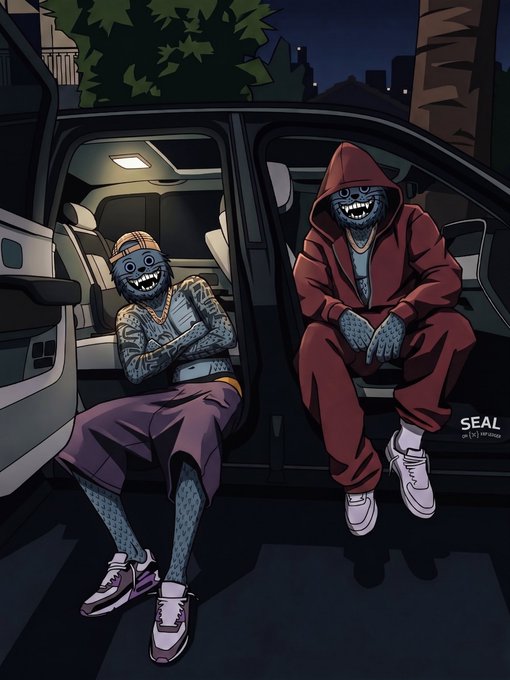 An animated digital illustration shows two menacing, grinning figures in hoodies and urban attire sitting in and hanging out of a vehicle at night.