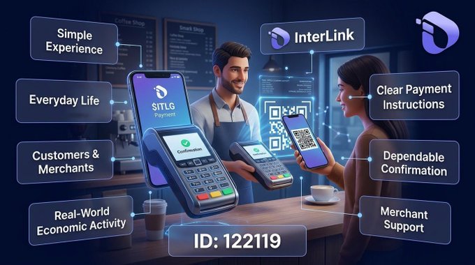 A promotional graphic for a payment service called 'InterLink' featuring a man and a woman at a café, with a central POS terminal displaying 'SITLG Payment' and 'Confirmed', surrounded by feature labels like 'Simple Experience', 'Everyday Life', and 'ID: 122119'.