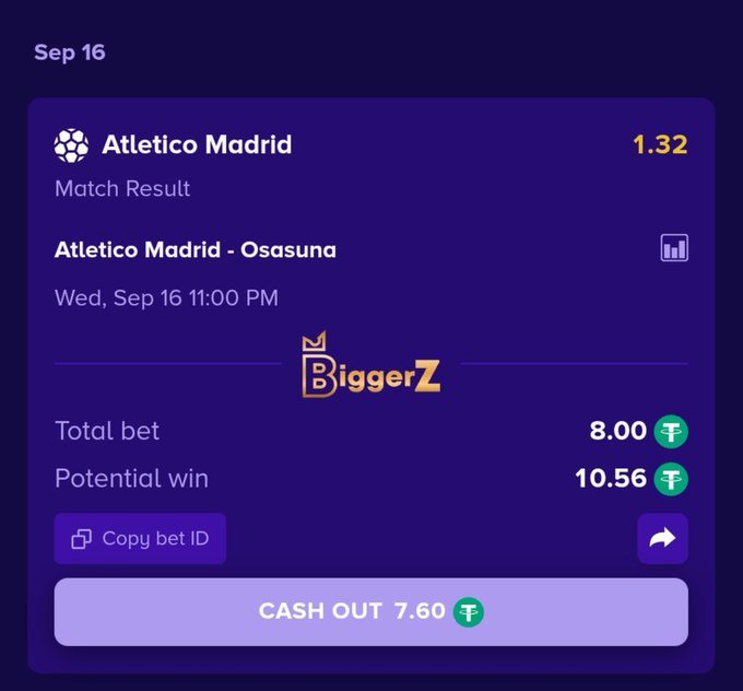 A mobile betting app interface from BiggerZ shows a wager on an Atletico Madrid vs Osasuna match result at odds of 1.32, with a total bet of 8.00, potential win of 10.56, and a cash out option of 7.60 in Tether (₮).