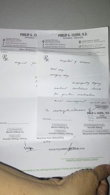 A medical prescription form from Philip G. Casino, M.D. (Internal Medicine) with handwritten notes, listing medications including Co-Amoxicillin, Celecoxib, Cefaclor, Azithromycin, and Norpramin, with a radiology/sonologist note at the bottom.
