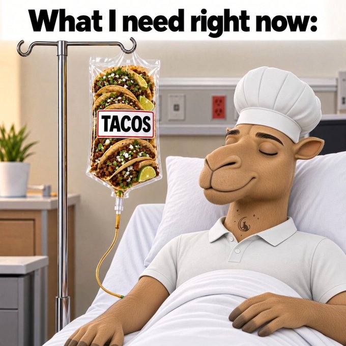 A humorous AI-generated meme shows a chef in a hospital bed receiving an IV drip labeled 'TACOS' with the caption 'What I need right now:'.