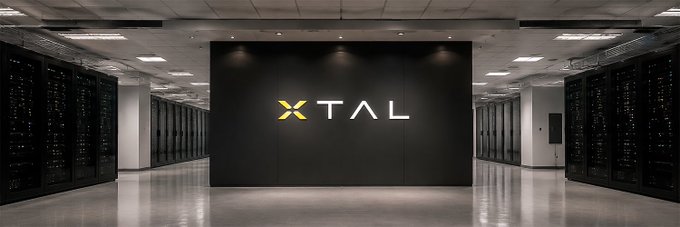 The image shows a modern data center with rows of server racks on either side, centered around a large black wall featuring the illuminated "XTAL" logo. This appears to be promotional branding imagery likely tied to the post's $7 giveaway, where users are encouraged to drop their wallets for engagement—possibly related to a cryptocurrency or tech token associated with the XTAL brand.