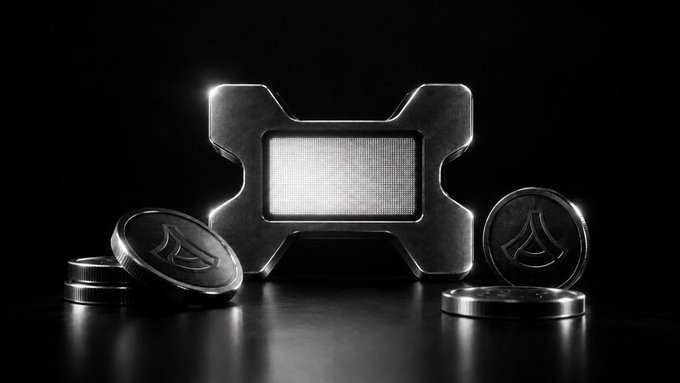 A 3D rendering of metallic coins with a symbol, stacked and arranged around a central rectangular object on a dark reflective surface.