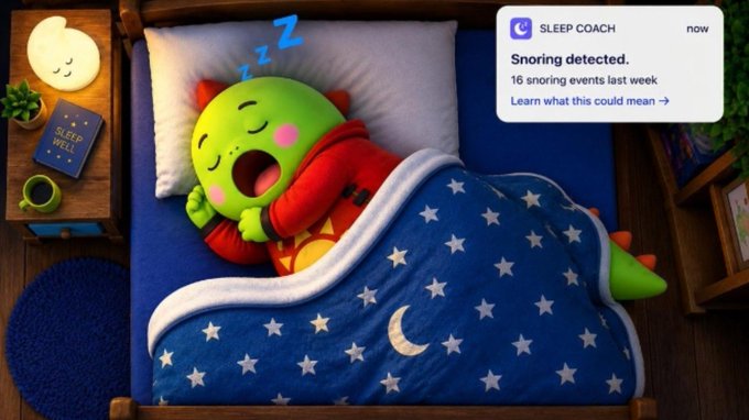 An illustration of a green character sleeping in a bed with a star-patterned blue blanket, featuring a "SLEEP COACH" notification stating "Snoring detected. 16 snoring events last week".