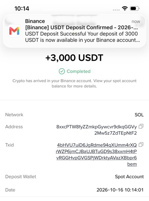 A Binance notification showing a completed deposit of 3,000 USDT via the SOL network to a spot account, dated 2026-10-16, serving as proof of receipt to participate in a crypto giveaway.