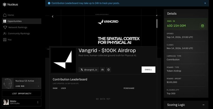 A screenshot of the Vangrid $100K Airdrop page on the Nucleus platform, a 'Token Airdrop' contribution campaign ending in 60 days, 15 hours with a $100,000 reward.