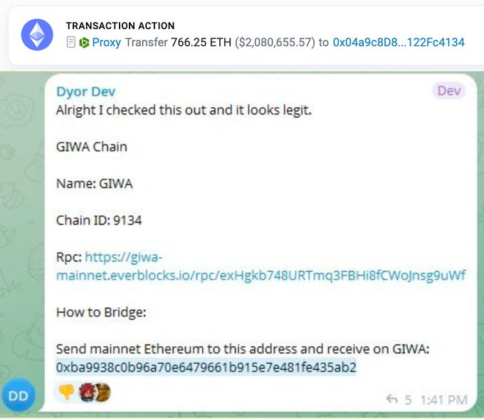 A screenshot showing a transaction action for a Proxy Transfer of 766.25 ETH ($2,080,655.57), alongside a message from 'Dyor Dev' verifying the legitimacy of the 'GIWA Chain' with Chain ID 9134 and providing bridging instructions.
