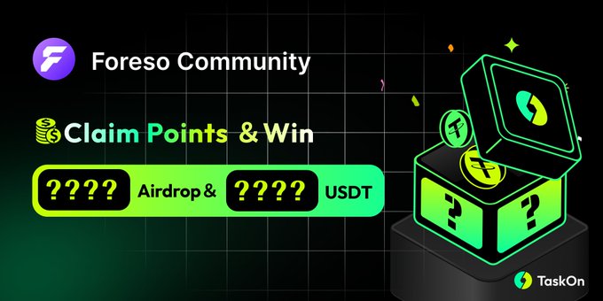 Promotional banner for the Foreso Community TaskOn launch, featuring a green mystery box with "F" tokens and text reading "Claim Points & Win ??? Airdrop & ???? USDT" alongside the TaskOn logo, aligning with the post announcing the live campaign with a 499 USDT prize pool.