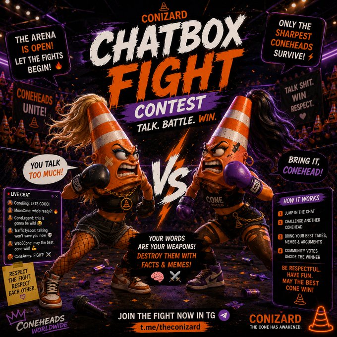 A vibrant promotional graphic for the 'CONIZARD CHATBOX FIGHT CONTEST' featuring two angry cartoon traffic cones wearing boxing gloves and streetwear.