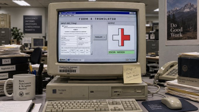 A vintage 1990s office scene showing a beige CRT monitor displaying a 'FORM 4 TRANSLATOR' program with a red cross, accompanied by a 'Do Good Work' poster and an SEC-branded coffee mug.