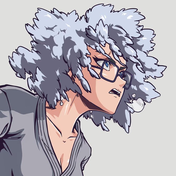An anime-style illustration of a character with curly silver hair, glasses, and a serious expression.