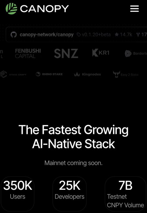 A screenshot of the Canopy website (canopy-network/canopy v0.1.20+beta) advertising 'The Fastest Growing AI-Native Stack' with stats showing 350K Users, 25K Developers, and 7B Testnet CNPY Volume.