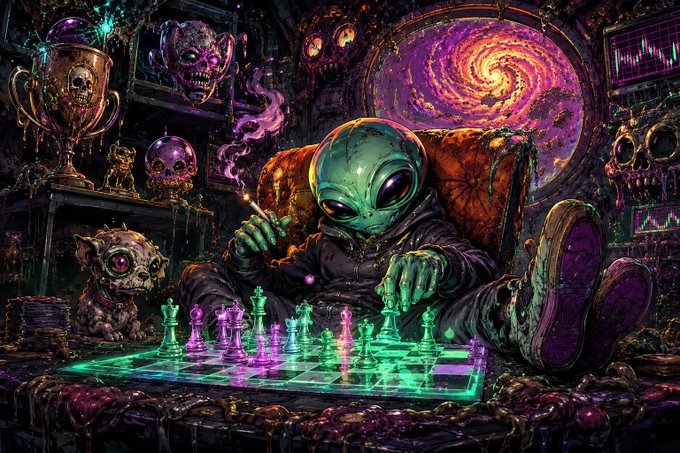 A green alien in a hoodie sits in an armchair playing chess on a glowing board, holding a smoking cigarette, surrounded by skulls and a swirling galaxy window.