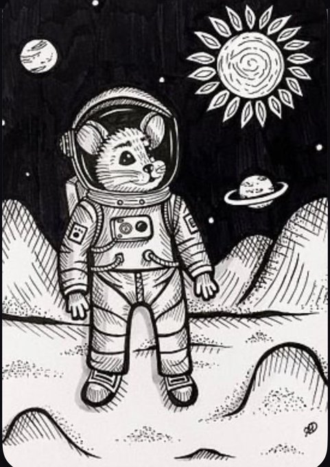 A black and white illustration of a small mouse wearing a full astronaut suit, standing on an alien planet's surface with a sun, planet, and stars in the background.