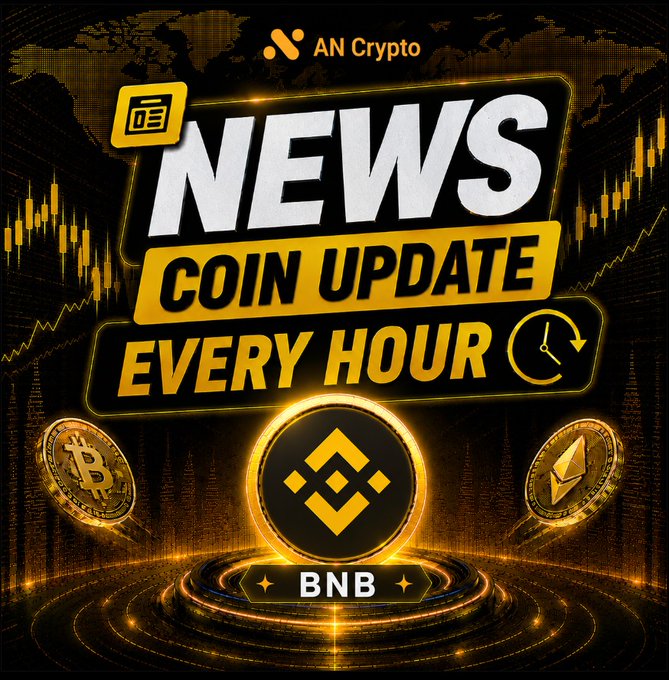 A promotional graphic for 'AN Crypto NEWS' features text stating 'COIN UPDATE EVERY HOUR' and showcases a glowing BNB coin in the center, flanked by Bitcoin and Ethereum coins, with candlestick charts in the background.