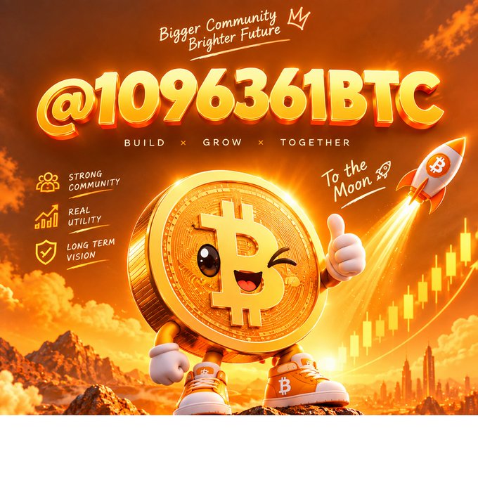 A promotional graphic featuring a cartoon Bitcoin mascot giving a thumbs up with a rocket, displaying '@1096361BTC' with the tagline 'Bigger Community Brighter Future' and 'BUILD × GROW × TOGETHER', highlighting 'STRONG COMMUNITY', 'REAL UTILITY', and 'LONG TERM VISION'.