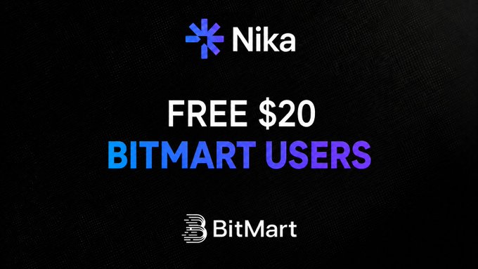 A promotional graphic featuring the Nika and BitMart logos on a black background, stating "FREE $20 BITMART USERS" to advertise a giveaway for verified BitMart users who sign up for Nika and complete a qualifying deposit.
