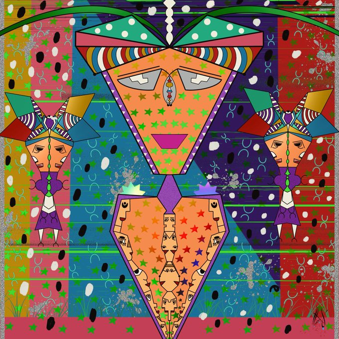 A vibrant, symmetrical digital artwork featuring stylized totemic figures with triangular faces, star-filled bodies, and elaborate headdresses, set against a background of bold patterns and dots in red, blue, green, and yellow—evoking the mirrored, ritualistic aesthetic referenced in the "Digital Totem Symmetries" post. The composition's central V-shaped figure, flanked by two smaller mirrored beings, reinforces the symmetry theme highlighted by the accompanying caption.