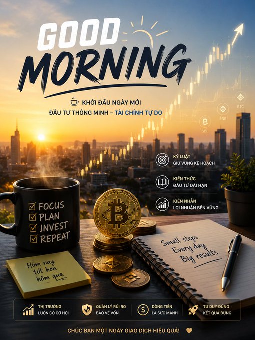 A motivational 'GOOD MORNING' poster featuring coffee, a notebook, and Bitcoin coins against a city sunrise, with Vietnamese text encouraging smart investing and financial discipline.