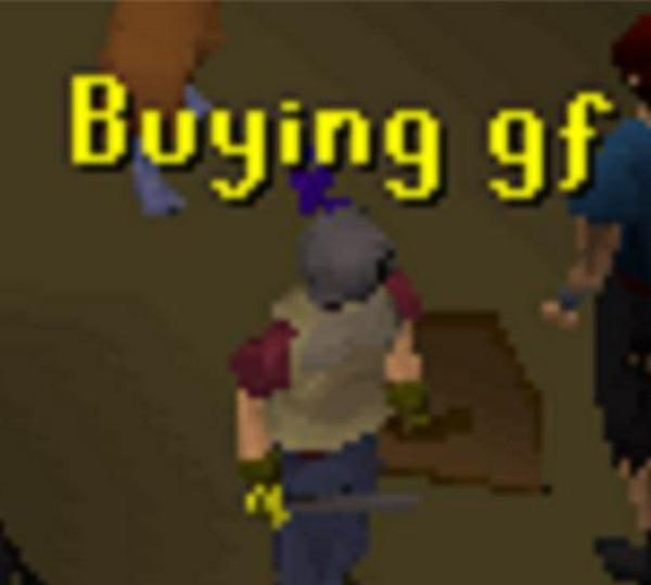 A screenshot from the video game Old School RuneScape showing a character holding a sword, with the yellow pixelated text 'Buying gf' overlaid at the top.