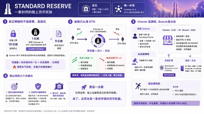 The image is a Chinese-language infographic titled "STANDARD RESERVE" that visually outlines a closed-chain currency experiment functioning as a small on-chain central bank and banking system, detailing key points such as a 1 billion total supply of STANDARD tokens (with 10 billion maximum), ETH-only policy, Charter/Branch store architecture, and an exit mechanism (50% redemption / 50% split into system). It supports the post's explanation by diagrammatically breaking down how STANDARD interacts with ETH on Uniswap, how net flow (inflow minus outflow) drives minting/burning, and the redemption process through Branches.