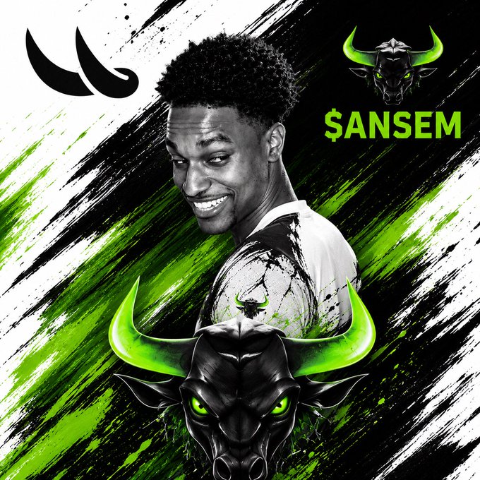 The image shows a smiling young man in a black and white photo against a vibrant green and black grunge-style background featuring a bull/minotaur mascot with glowing green horns, with "$ANSEM" text displayed in the upper right alongside another bull logo. The promotional graphic visually reinforces the $ANSEM token's branding and bullish marketing message, emphasizing the urgency of buying at $0.4000 with its strong holder base and daily trading volume.