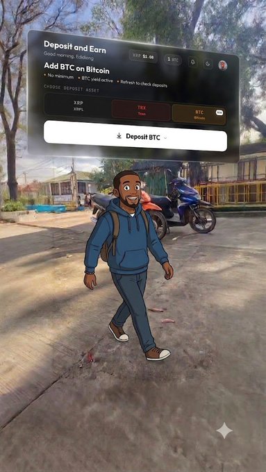 An animated man walks down a street beneath a floating digital interface showing a "Deposit and Earn" screen for adding BTC on Bitcoin, displaying balances of XRP $5.00 and 1 BTC. The scene visually introduces the post's discussion of BTC and XRP Ledger yield opportunities, contrasting Bitcoin's secure but slow settlement with alternative deposit options.