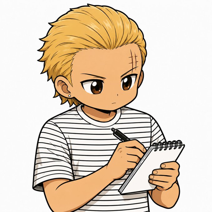 A blonde anime-style character with a facial scar writes thoughtfully in a notebook, visually representing the deliberate process of filtering and reflecting rather than chasing every new trend. The image complements the post's message about the importance of discernment and patience over chasing every new narrative.