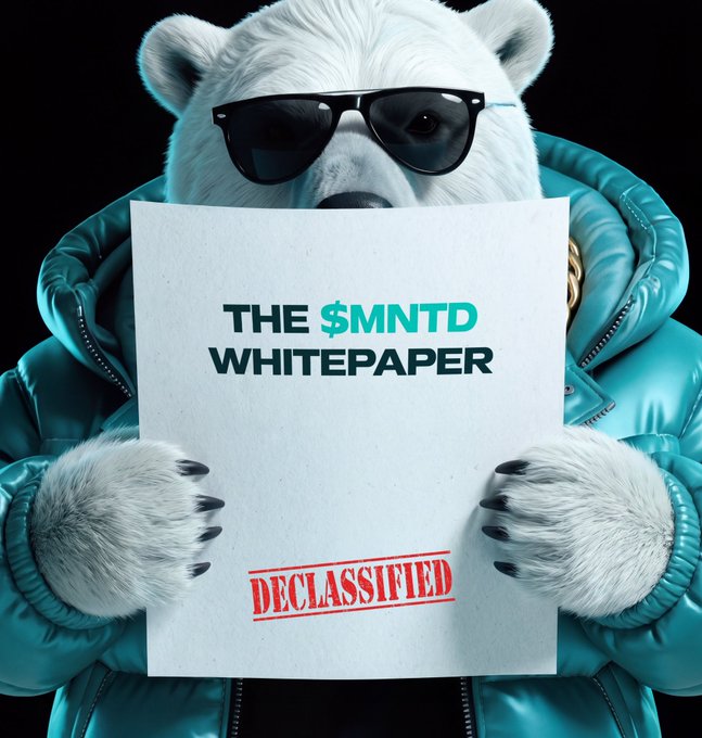 A white polar bear mascot wearing sunglasses and a teal puffer jacket holding up a document titled 'THE $MNTD WHITEPAPER' stamped with 'DECLASSIFIED' in red.