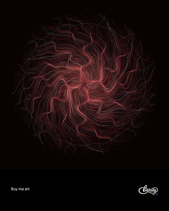 An abstract digital artwork featuring swirling red lines forming a circular, flame-like pattern on a black background, with 'Buy ma art' text and a 'Clarity' logo at the bottom.